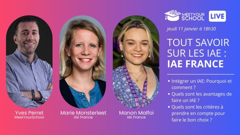 [Webinar "Tout savoir sur les IAE" 🔎 ]

📅 Le 11/01, nous avons eu la chance de présenter les #IAE lors d'un webinaire organisé par MeetyourSchool pour les lycéens, étudiants, parents, proviseurs et professeurs principaux de lycées.

📢 Replay par ici ➡ cutt.ly/9wJ5PJpj