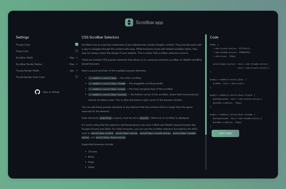 MadeWithVueJS's tweet photo. Quickly create custom CSS scrollbars with this open-source online editor #madewithvuejs by @webdevolution_ 👆️↕️ - https://t.co/rq1bgUzuL7 https://t.co/bM4esqVIn3