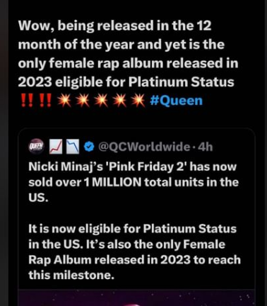 TaffyLGotora's tweet photo. This #PinkFriday2 album was released in my birthday month by a December baby @NICKIMINAJ "greatest female rapper to ever live" and is #playingonrepeat from Zimbabwe, Africa and I stan. My Top 5 songs are:
Fallin 4 U
Blessings
Love Me Enough
Last Time I Saw You
Pink Friday Girls https://t.co/41jjOKPCim