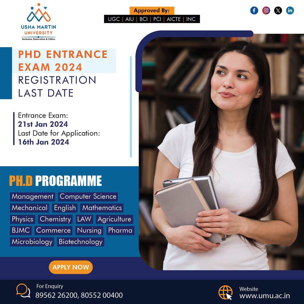 UshaMartinUnv's tweet image. Ph.D Entrance Exam 2024 Registration Last Date: Admission Open January Session for Ph.D Programmes. Apply Now: umu.ac.in/online-applica…
#ushamartinuniversity #applynow #researchprogrammes #admissionopen2024 #entranceexam #lastdateforapplication