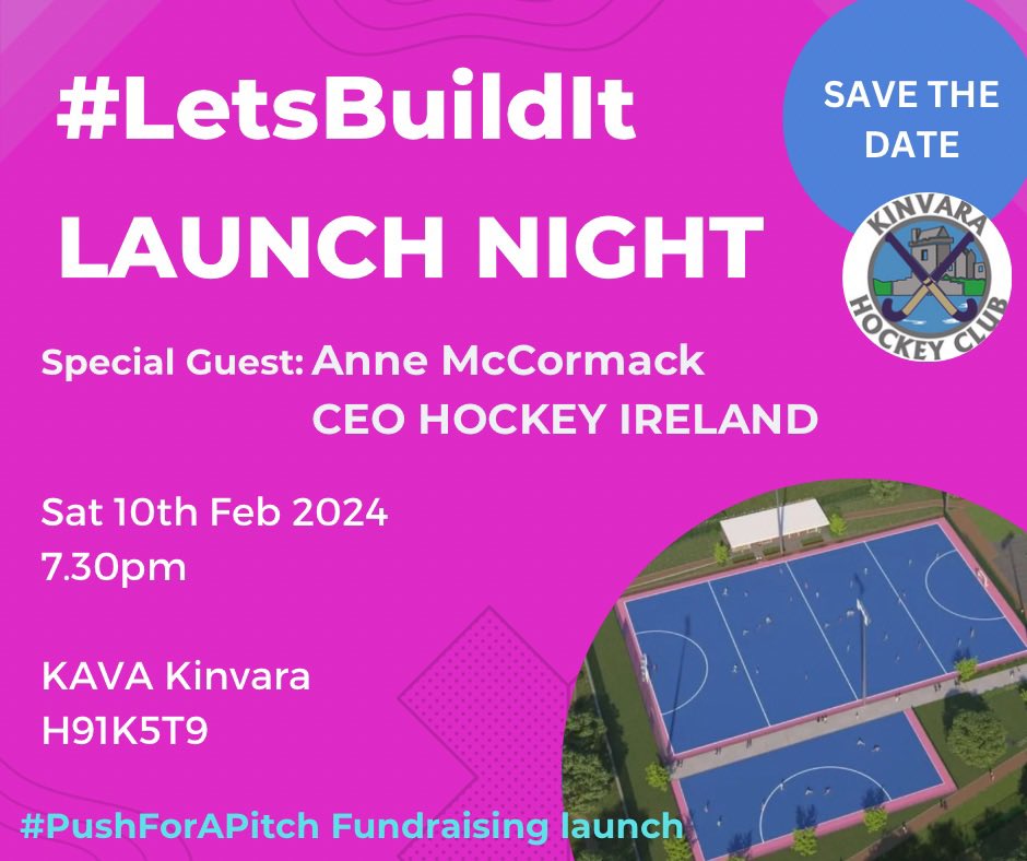 KinvaraHockey's tweet image. We are so excited about our #LetsBuildIt Launch Night on 10th Feb. We are honoured to announce that the CEO of Hockey Ireland, Anne McCormack will attend. 
We have achieved much to date having acquired a site with full planning for a pitch. Next we will bring to fruition.