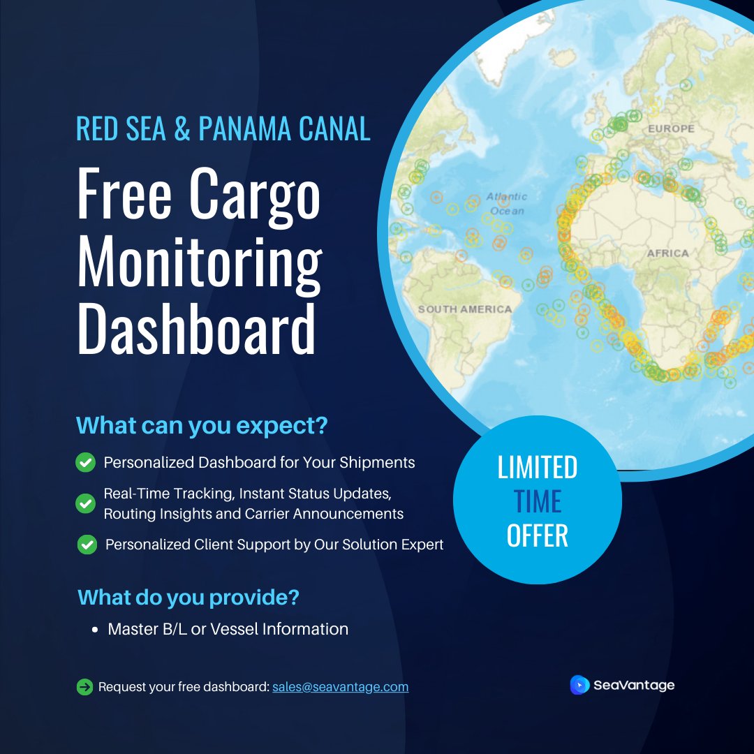 SeaVantage's tweet photo. 🚢 Shippers &amp; freight forwarders, this one's for you! 🌐

As part of our commitment to monitoring the #RedSea and #Panama Canal, we're excited to offer a free cargo monitoring dashboard for a limited period.

https://t.co/8E4E61YBvk

#containers #containertracking #seavantage https://t.co/RlqxwKOIAi