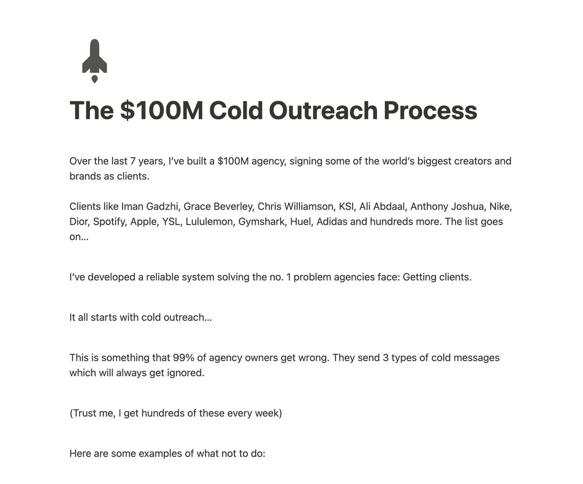 99% of agency owners do cold outreach wrong.

But I’ve signed some of the biggest brands and creators through cold outreach.

The trick is to make it hot.

I’m giving away the process that made me millions…

Want to see it? 

1. RT + Comment ‘CLIENTS’ 
2. Follow @Shangenflow