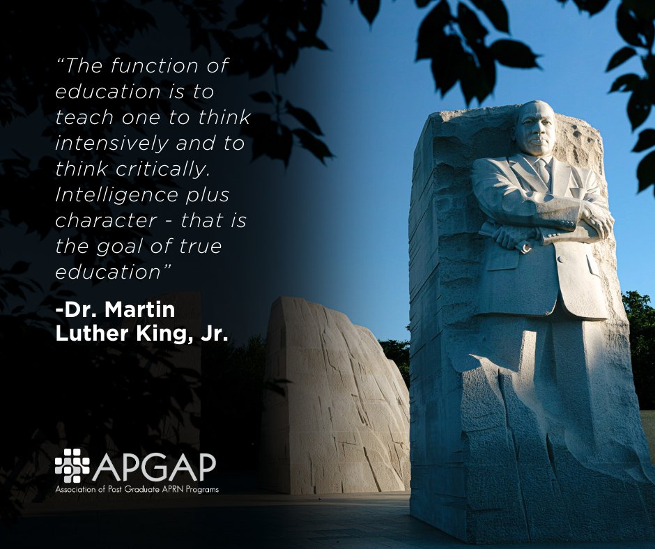 postgradAPRN's tweet photo. Today, we remember the life and work of Dr. Martin Luther King, Jr. and the value he placed on character in education.
#APGAP #APGAP2024 #MLKDay #MartinLutherKing https://t.co/0aJ4zeJyhx