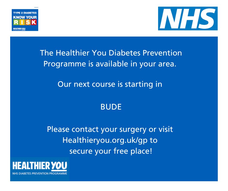 RowenaHoseason's tweet photo. #NewYou - fresh sessions of the #HealthierYou NHS diabetes prevention programme start in #Bude at the end of Jan. Free, friendly group get-togethers on Monday afternoons for people with #prediabetes - contact your GP for info and RT! @NHSDiabetesProg @NHSSW @ThePostSeries https://t.co/cMSxoX06Ql