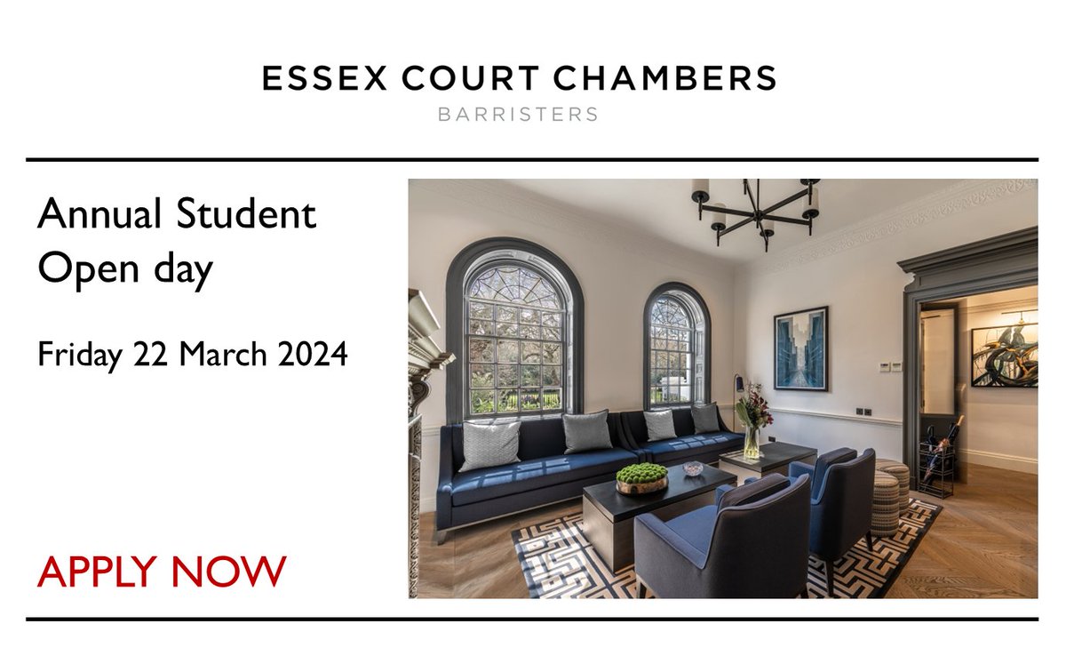 Members of Essex Court Chambers announce the return of the annual Student Open day hosted virually on Friday 22 March from 9am.

Click here to apply: lnkd.in/evWyU9z

#lawstudent #openday #lawcareer #pupillage