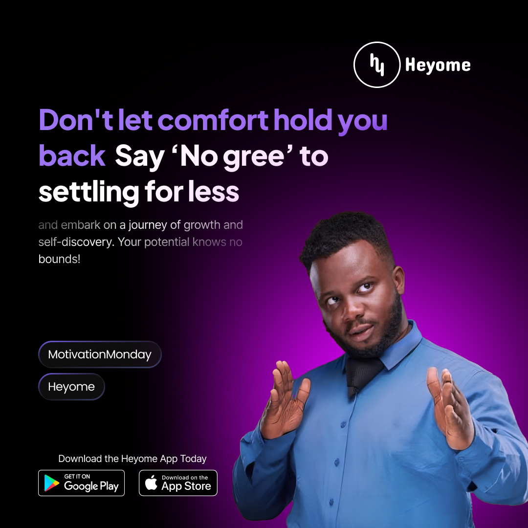 heyomeapp's tweet photo. Don't let comfort hold you back. Say 'No gree' to settling for less and embark on a journey of growth and self-discovery. Your potential knows no bounds! 🔥 #heyomemonday #heyome #mondaymotivation #NoGree #UnleashPotential #KeepPushing" https://t.co/Gl7uSUagwD