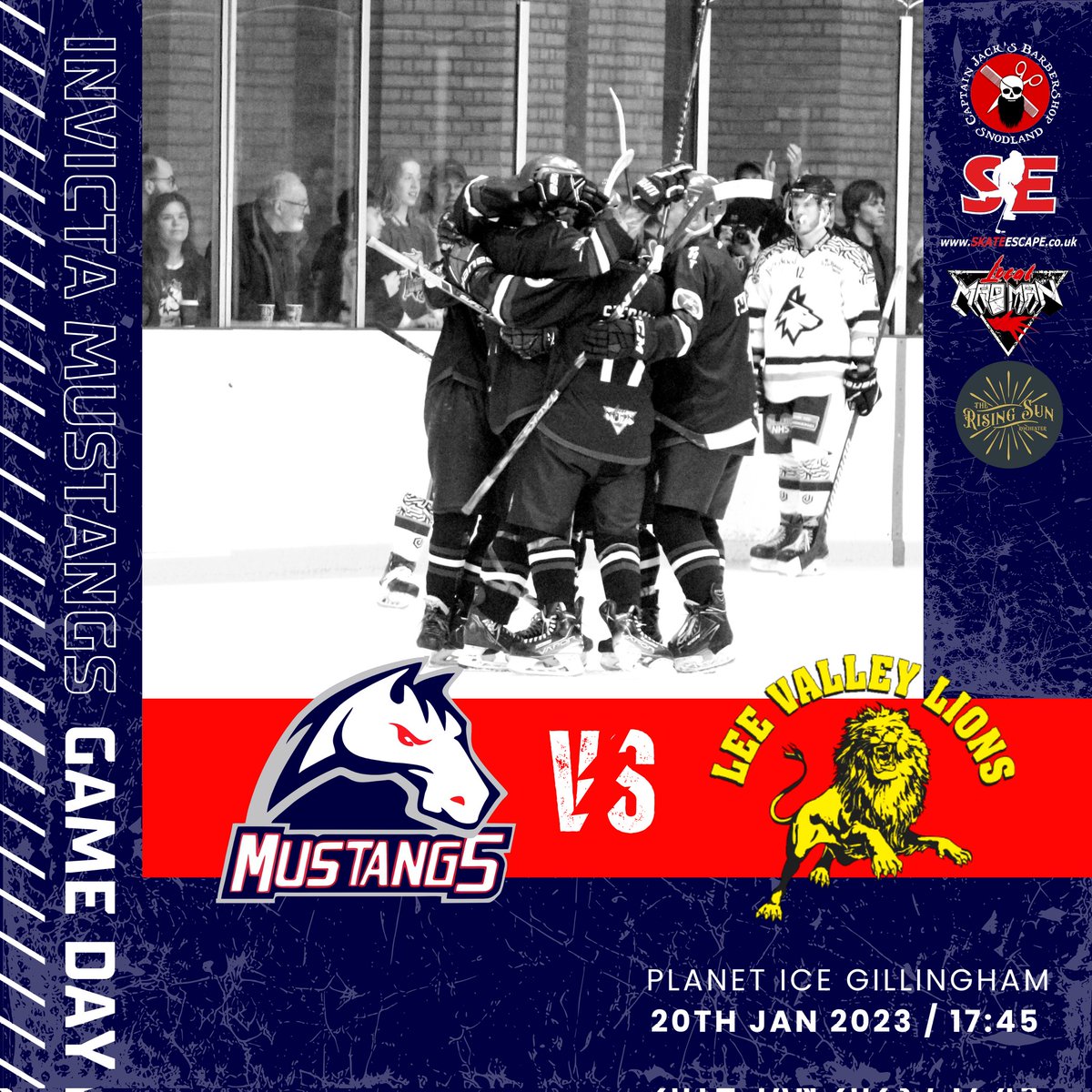 January thriller!
We have another home game for the Mustangs army.
Mustang's v <a href="/LeeValleyLions/">Lee Valley Lions</a> 
Saturday 20th January
Face-off 5.45pm
Doors open 5.15pm
<a href="/Gillingham_Rink/">Gillingham Ice Rink</a> 
Tickets available at rink reception