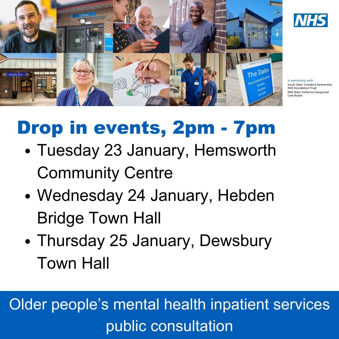 Join the events for the older people’s mental health inpatient services consultation between 2pm - 7pm ▪️ Tuesday 23 Jan, Hemsworth Community Centre ▪️ Wednesday 24 Jan, Hebden Bridge Town Hall ▪️ Thursday 25 Jan, Dewsbury Town Hall Find out more here 👉 buff.ly/3TUPJYI