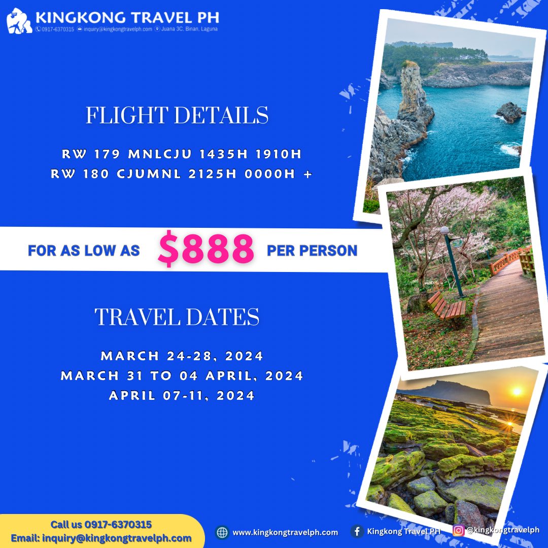 kingkong_ph's tweet photo. Shake off the routine and step into a world of wonder! 🌟 Secure your spot for the 5D4N Enchanting Wonders of Jeju Island group departure for as low as USD888 per person. 🏝️ Your dream escape is just a click away! ✈️🌺 #JejuDreams #TravelGoals #KingkongTravelPh https://t.co/aGydBAV7nH