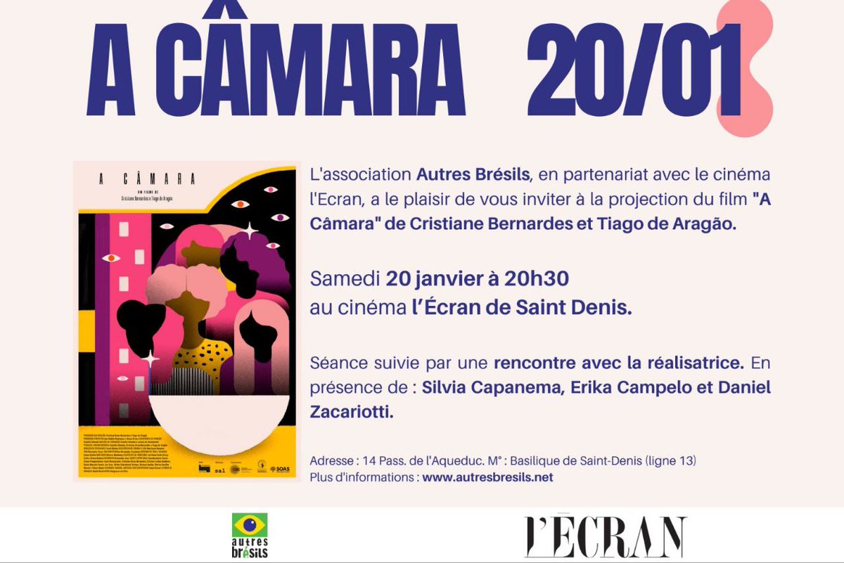 L'association Autres Brésils, en partenariat avec le cinéma l'Ecran, a le plaisir de vous inviter à la projection du film "A Câmara".

🗒️Samedi 20/01  à 20h30. Séance suivie par une rencontre avec la réalisatrice, Cristiane Bernardes.

✅autresbresils.net/Projection-du-…
<a href="/EricBattistelli/">EricBattistelliColetivo #MarielleFranco</a>