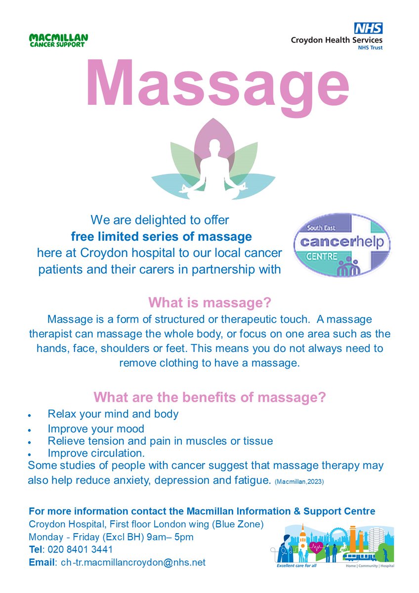 CUHMacmillan's tweet photo. On Mondays, @secancerhelp therapist #Lee is offering #massage to @croydonhealth #cancer patients on treatment or #Livingwithandbeyond #cancer . Simply contact us for info & to register your interest π. #Healthandwellbeing #LWBC #ExpofCare #PersonalisedCare #PatientExperience https://t.co/To9goDivWl
