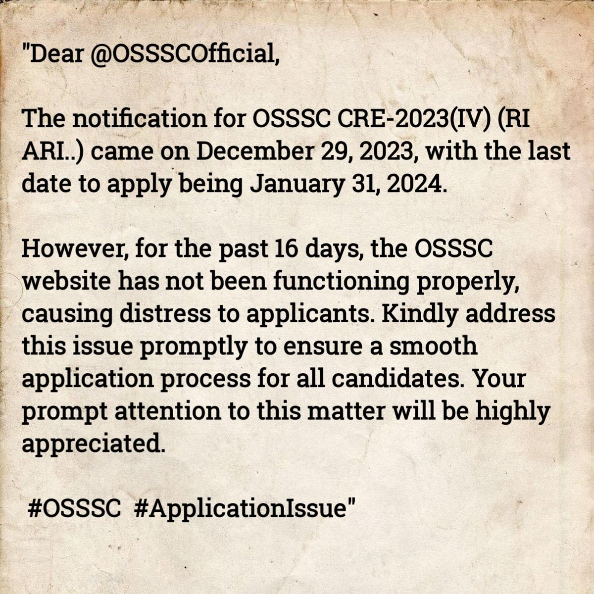Banamali8249's tweet photo. Dear OSSSC 

Many applicants are struggling with website issues for the RI ARI exam for 16 days. The deadline is 31/01/2024. Please address the technical glitches promptly. #OSSSC #TechnicalIssues #RIARIExam
@Naveen_Odisha @CMO_Odisha https://t.co/UjRdA9oL7O