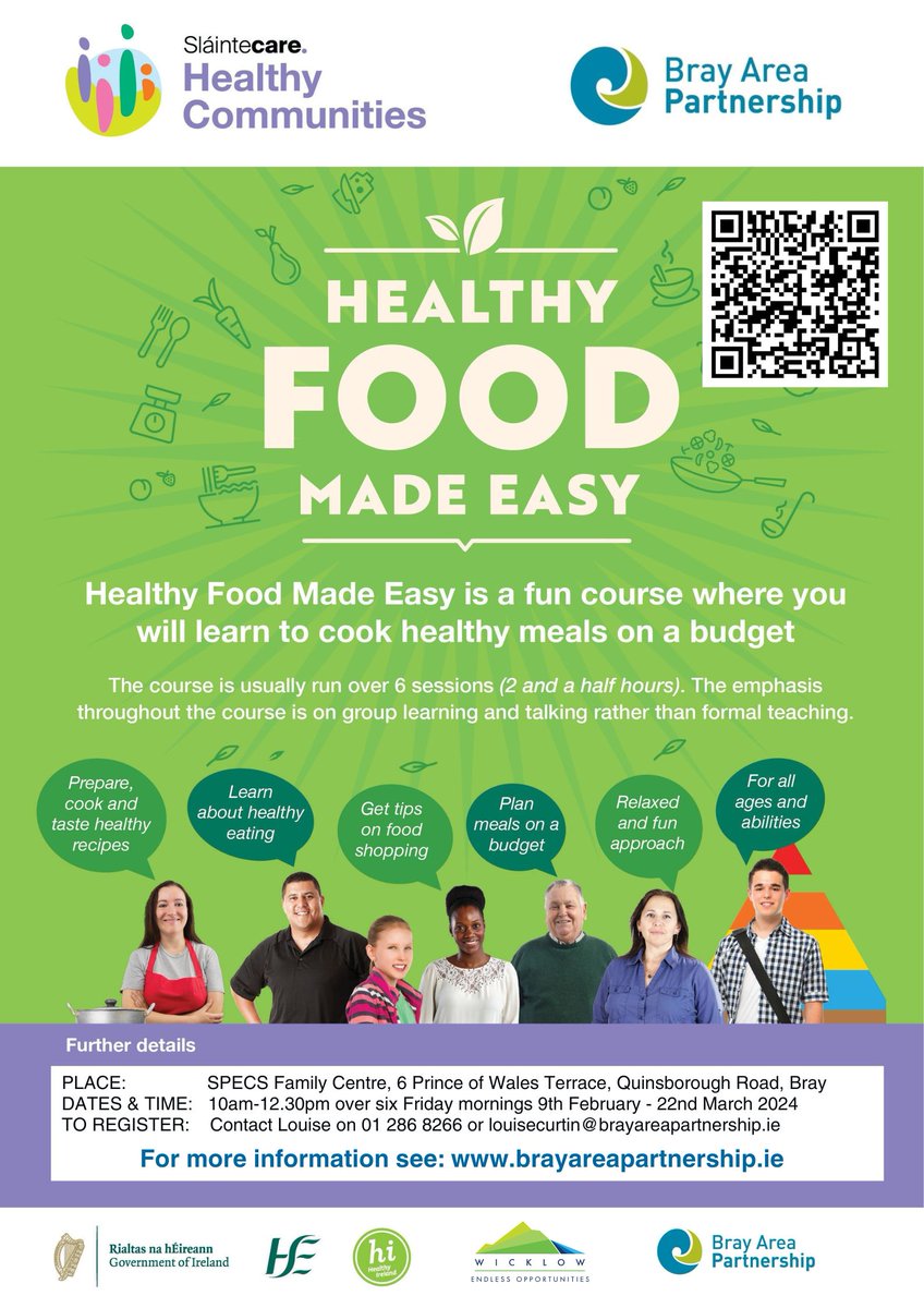 BrayAreaPartner's tweet photo. Our next FREE 6-week #Slaintecare #HealthyCommunities Healthy Food Made Easy course starts on 9th February in Bray: https://t.co/7a3z8VnlFa @HealthyIreland @HsehealthW @SpecsBray @wicklowcoco https://t.co/YQQ73XmQcq