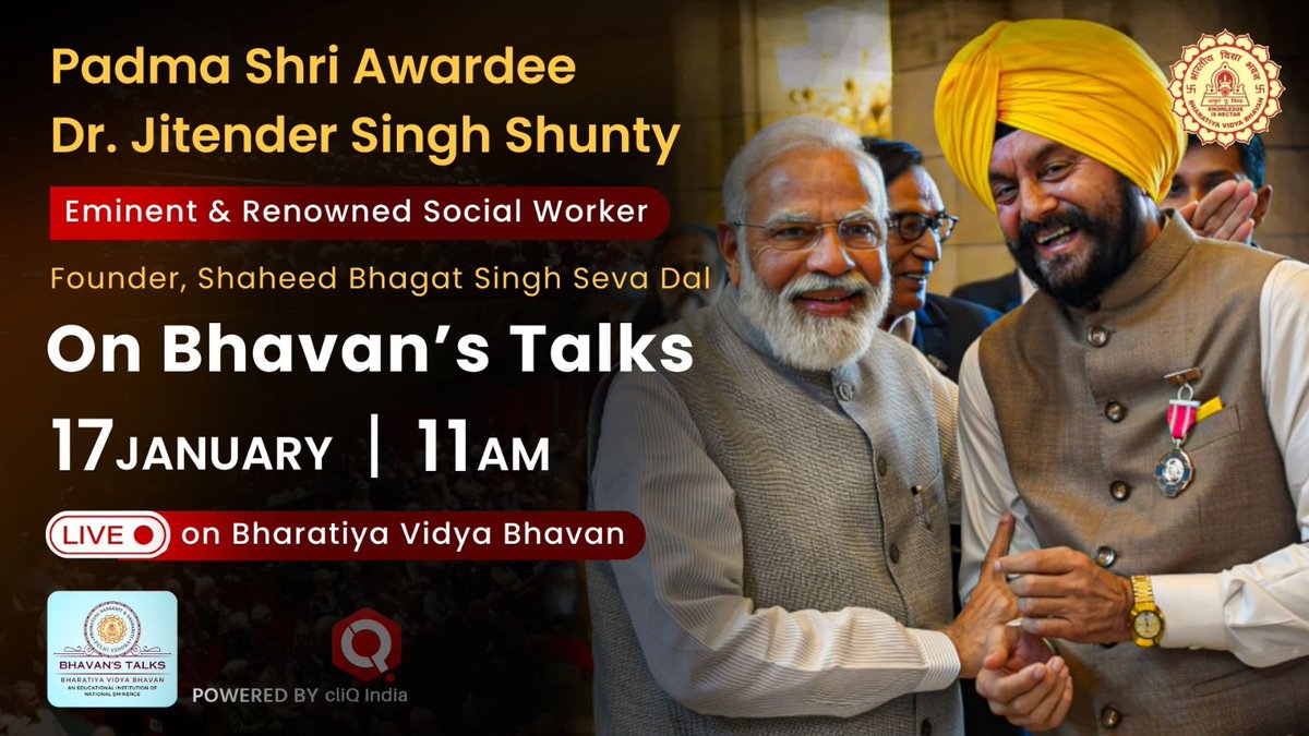 BVBC_Delhi's tweet photo. Meet "Padma Shri Awardee Dr. Jitender Singh Shunty @jsshunty" in our special programme "Bhavan's Talks" - 17th January 2024 at 11 am on https://t.co/TTFIAM6ZX9 
 
#BhavansTalks https://t.co/K0N0jQNH4J