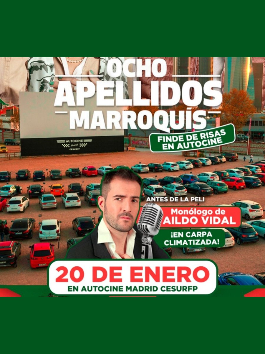 AildoVidal's tweet photo. El próximo sábado 20 de enero divertidísimo monólogo by Aildo Vidal en la carpa climatizada a las 19:30 antes de la proyección de la película que será a las 21:00 #monologo #monólogo #monologos #monólogos #standupcomedy #humor #comedia #autocines @autocinesmadrid https://t.co/vq8hYJg6KA