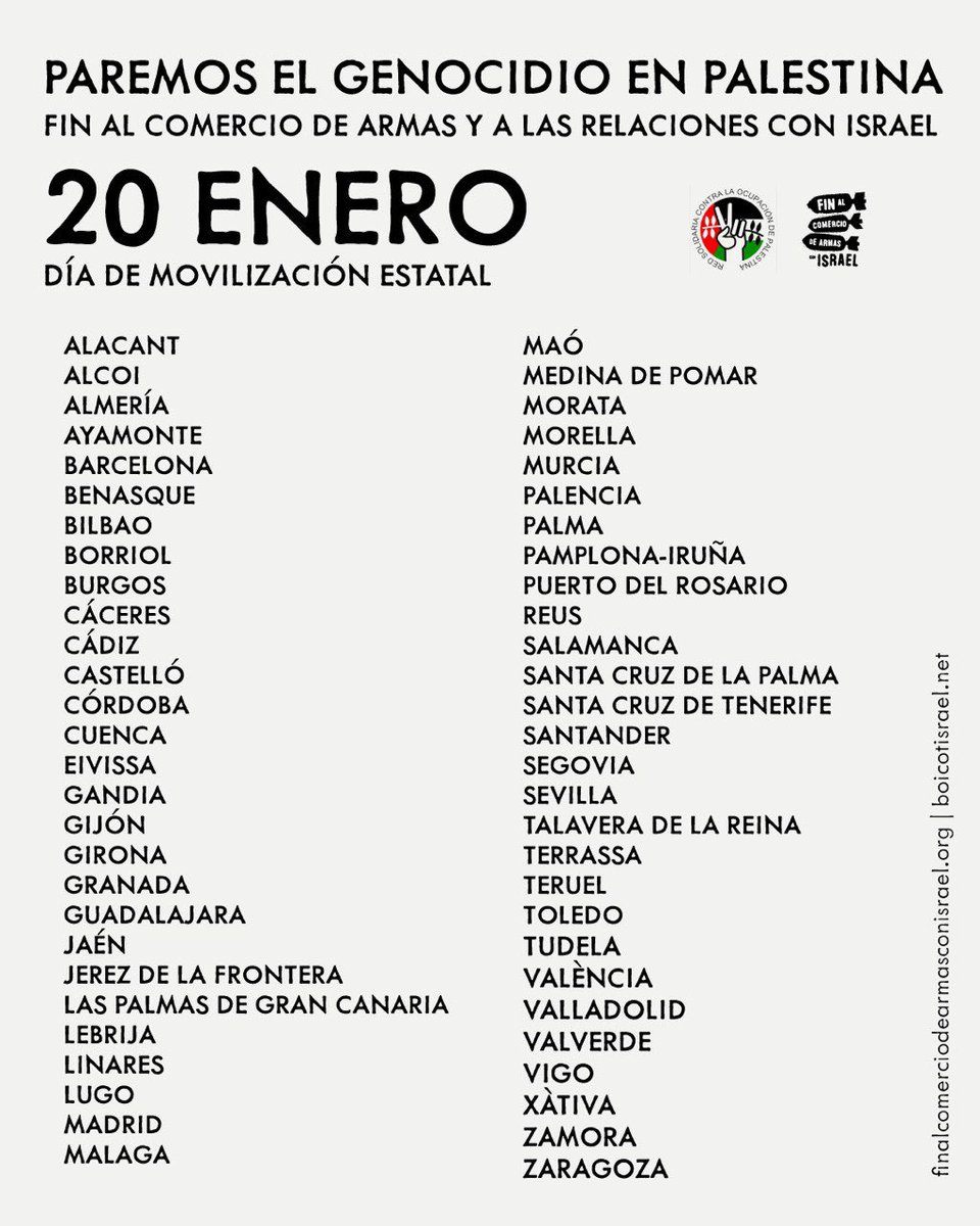 Este sábado 20E habrá movilizaciones en +75 ciudades del estado español. Expresiones que forman parte de una ola mundial de solidaridad internacionalista con el pueblo palestino, con su resistencia y su lucha contra la colonización, el apartheid y el genocidio de Isarel. Súmate!!