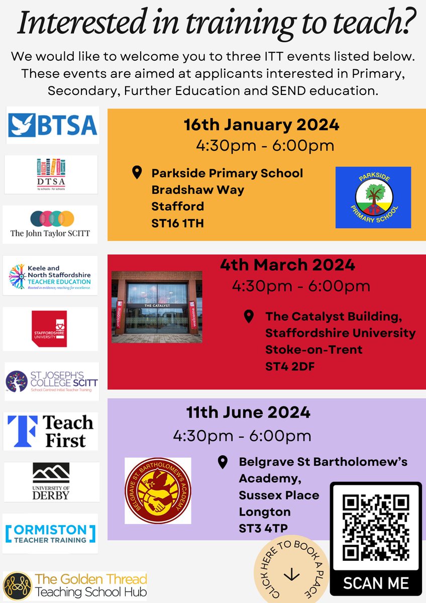 Thinking about Initial #Teachertraining??
We will be waiting to greet you at Parkside Primary tomorrow 4.30-6pm.

Click the link to book your place: bit.ly/420OB7H 

#getintoteaching #teaching #pgce #IOEStaffs # Education