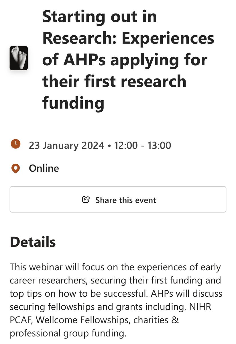 🗣️Open to all! 🗣️ Starting out in Research: Experiences of AHPs applying for their first research funding. Next Tuesday the 23rd Jan at midday!! Please register here - events.teams.microsoft.com/event/b39aa51f… @CAHPRWestMids @c_ahern26 @emmasuttPhysio @LucyGardinerPT