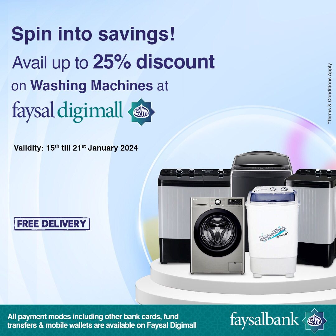 Get up to 25% Discount on Washing Machines only at Faysal Digimall!

Shop now: digimall.faysalbank.com/appliances/was…

T&amp;Cs Apply

#FaysalBank #FaysalBank #BarhoYaqeenKaySath #DigiMall