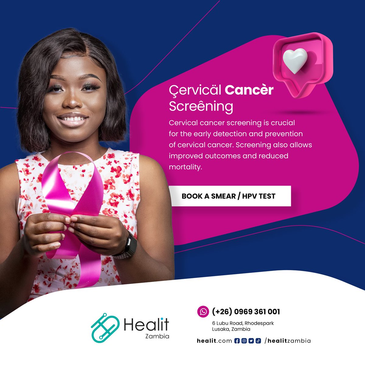 Cervical cancer screening is crucial for early detection and prevention of cervical cancer.

Book a Pap smear or HPV test today. 📞 0969 361 001.

#healitzambia #hpv #papilomavirus  #cervicalcancer