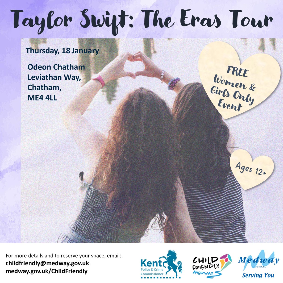 Taylor Swift: The Eras Tour FREE private cinema screening is taking place this Thursday, 18 January! 📅

There are still spaces left, so if you identify as a female, are 12+, and a Medway resident, email us now to book on! 💌
