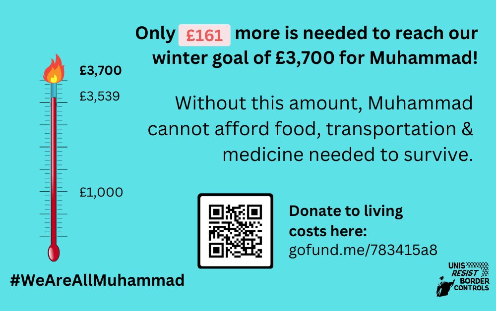 UnisResistBorders #WearAMask #BordersKillKnowledge (@unisnotborders) on Twitter photo We are so close to reaching Muhammad's fundraising goal.
All we need is Β£161 to complete the winter funding drive. Can you help?
Muhammad has received no financial support from <a href="/StirUni/">University of Stirling</a> after being detained at Dungavel. Your funds help him survive.
#WeAreAllMuhammad We are so close to reaching Muhammad's fundraising goal.
All we need is Β£161 to complete the winter funding drive. Can you help?
Muhammad has received no financial support from <a href="/StirUni/">University of Stirling</a> after being detained at Dungavel. Your funds help him survive.
#WeAreAllMuhammad