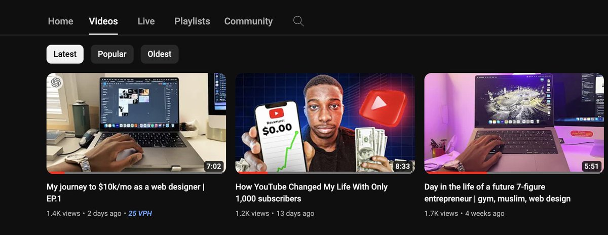 laminembackee's tweet photo. Here are my last 3 videos.

Each one of them went over 1k views, and I am telling you that the upcoming ones will be even better.

My passion for what I do is unwavering.

And I am determined to pursue my goals relentlessly until I achieve them.

I've been through hard moments on YouTube last year.

I didn't feel like recording at all and was extremely tired.

I was kind of lost in my YouTube journey, dealing with shiny object syndrome, and uploading because I was disciplined.

However, the quality wasn't there, and I barely got any views.

But I kept going.

I believed that I would find a way, a reason why I'm doing YouTube.

And the reason is that it's my childhood dream.

Becoming a content creator.

And I will do it.

I don't care how many people try to drag me down.

I'm not going to stop until I get there.