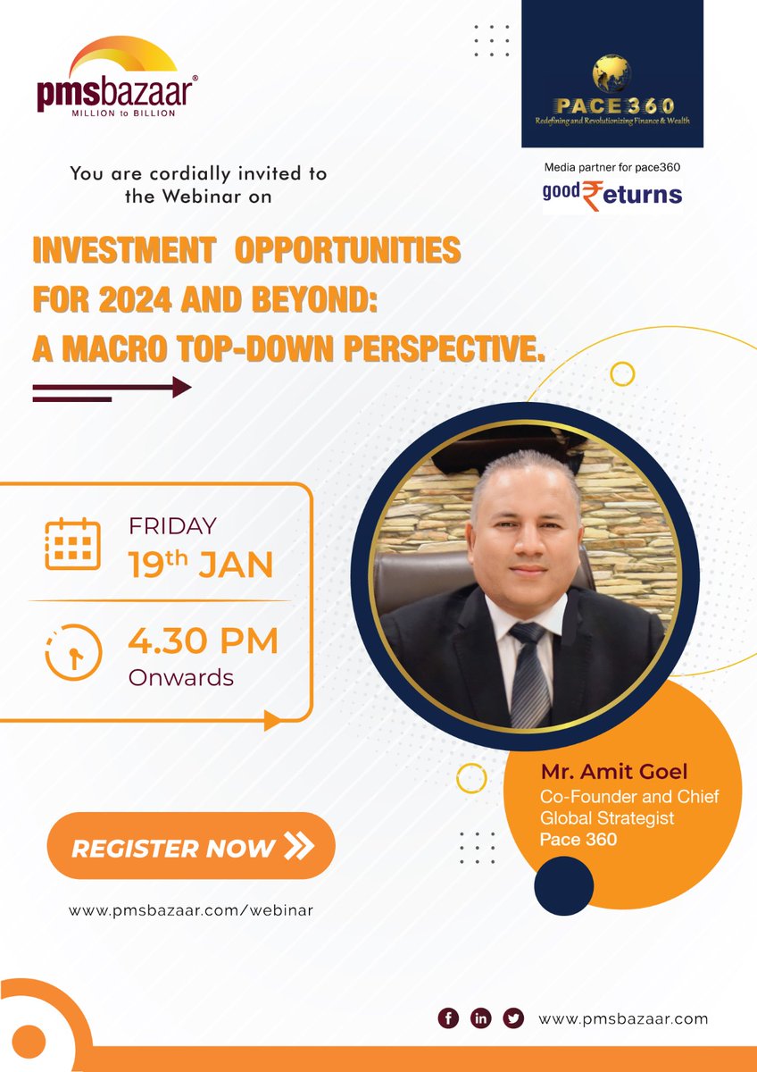 PaceThreeSixty's tweet photo. Watch Amit Goel, Pace 360 Co-Founder &amp; Chief Global Strategist, speak about the trajectory for Indian and global equities, and the optimal portfolio for 2024, in a webinar powered by @PmsBazaar and Media Partner @GoodReturnsIN 

Register here: https://t.co/45FSy5wLys https://t.co/D7lpDMmFbl