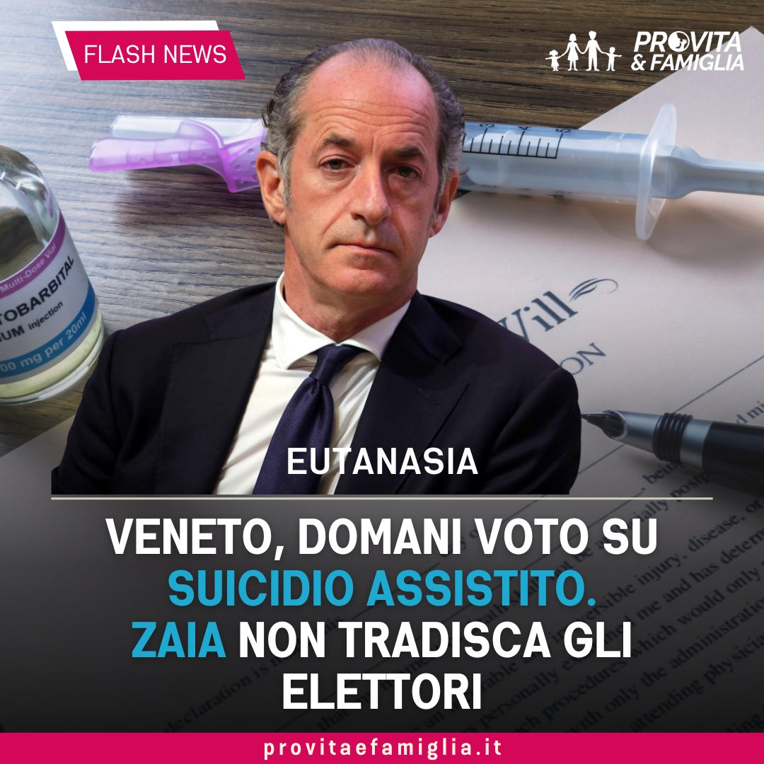 ProVitaFamiglia's tweet photo. Il Veneto domani voterà una legge sul #suicidioassistito: si potrebbe dare il via libera in Italia alla cultura della morte e dello scarto.

Ancora più grave che una legge sull'eutanasia venga approvata da un consiglio regionale a forza centro destra. Un vero e proprio tradimento nei confronti degli elettori che hanno voluto al governo una determinata parte politica e non si aspettano di certo che passi il programma politico della minoranza che ha perso le elezioni.

La Regione Veneto dovrebbe occuparsi di moltiplicare gli sforzi, i fondi e i servizi per assicurare a tutti i cittadini che ne hanno bisogno e diritto un accesso rapido e completo alle cure palliative e agli Hospice, incentivare e aiutare l’assistenza ai familiari e ai caregiver e dunque mettere in atto la legge 38/2010.

E’ questa la via più umana ed efficiente per trattare anche le malattie più gravi senza cedere né all’accanimento terapeutico né alla barbarie eutanasica.

Pro Vita & Famiglia Onlus terrà gli aperti gli occhi su ciò che accadrà nelle prossime ore e si batterà con tutti i mezzi a disposizione per dire NO a queste derive mortifere.
#noeutanasia #veneto #zaia #finevita
