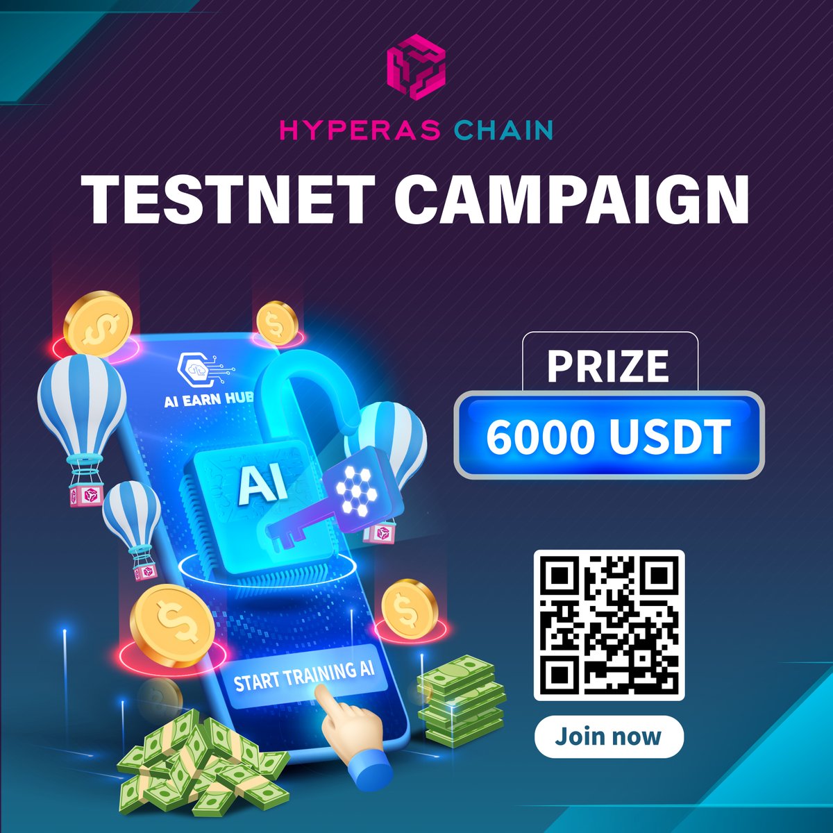 📲HYPERAS CHAIN - TESTNET CAMPAIGN
💰Prize: 6000 USDT to share among Top 400 $HYRA Coin Earners. 
Top 1 wins 1200 USDT

⏰Campaign Duration: January 15th to February 15th, 2024

Details: t.me/hyperaschain/21

#HyperasChain #AIChain #AIEarnHub #TraintoEarn #Blockchain #Airdrop