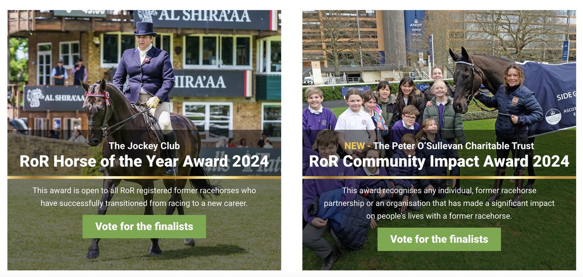 🌟 Just 1 Week Left! Cast Your Vote for finalists in the Sir Peter O'Sullevan RoR Community Impact & @TheJockeyClub RoR Horse of the Year Awards. 🏆 Watch each of their inspiring stories in our new videos. 🔗 ror.org.uk/news/only-a-we…