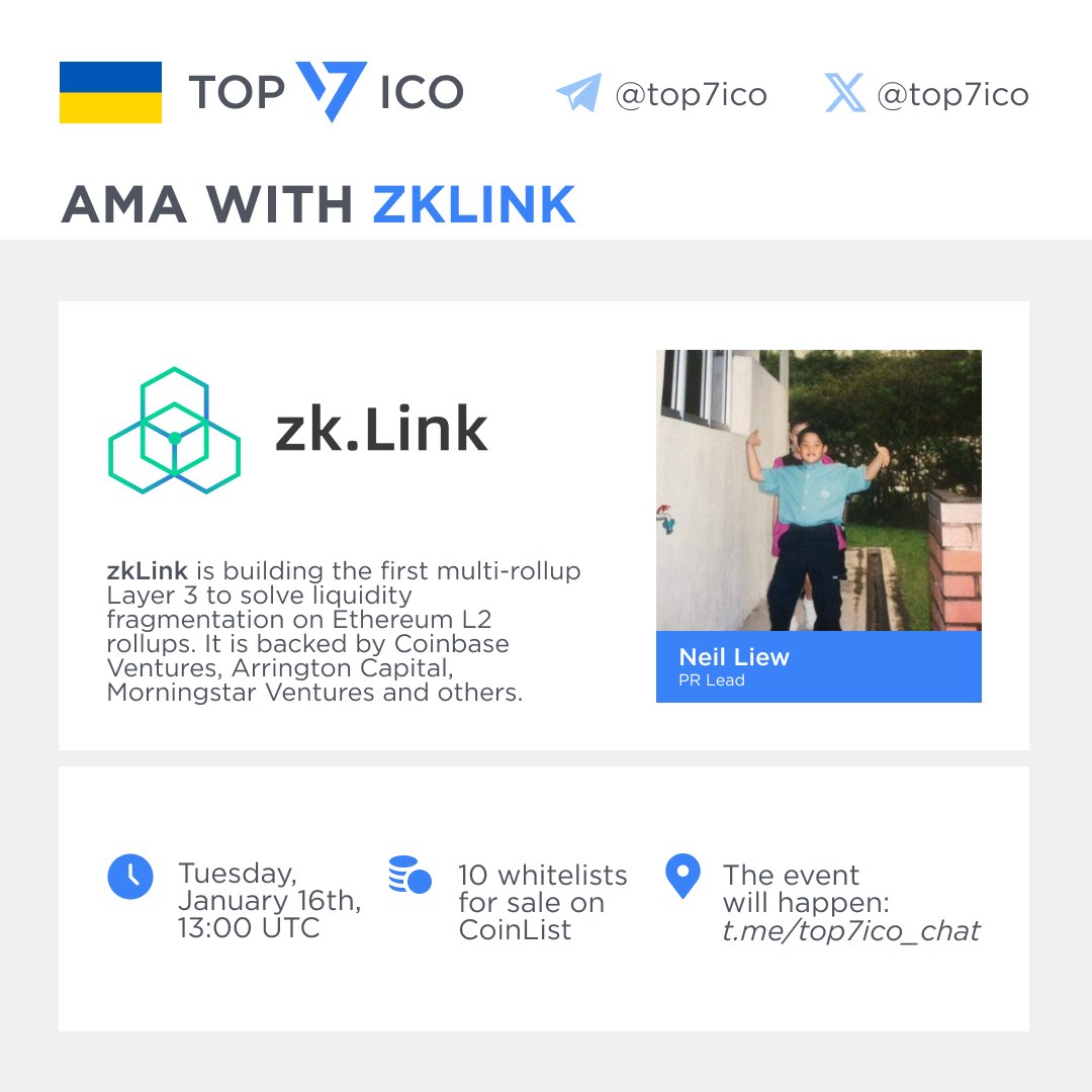top7ico's tweet photo. Top 7 ICO will hold AMA with zkLink tomorrow, on January 16th

Dear community of @top7ico! We will host the AMA in Top 7 ICO Chat with @zkLink_Official team tomorrow, on Tuesday, January 16th, at 13:00 UTC.

Team of zkLink will be represented by: Neil Liew @neilliew (PR Lead).

Team will share 10 Whitelists for upcoming sale on @CoinList among 10 lucky winners. Winners will get an opportunity to invest up to $500 in public sale on CoinList.

CoinList sale details:
🔹 Hardcap: $4.7M
🔹 Price: $0.15 (at $150M valuation)
🔹 Individual allo: $100-500
🔹 Vesting: 30% unlock on or around March 31st, followed by 9 months linear vesting

Join for AMA 👉 https://t.co/0ArxKGvr1B