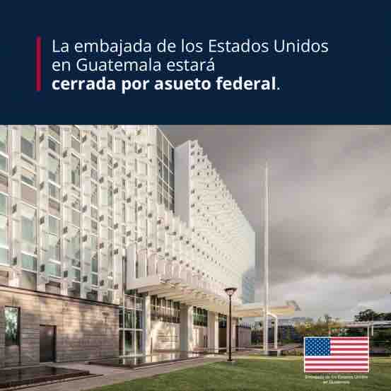 La embajada de Estados Unidos, incluida la sección consular, estará cerrada el lunes 15 de enero 2024, por la conmemoración del Día de Martin Luther King Jr. 

Reanudaremos labores el martes 16 de enero.