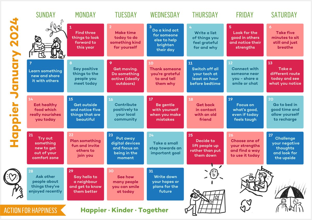 Today has been coined #BlueMonday but with the @actionhappiness calendar you can turn it into a #HappierJanuary 

Why not get outside & notice 5 things that are beautiful?

@QUESTtrust @PlayPals_QUEST @sjafosj @CEO__Quest 
#TeamAbram #Quest #MentalHealthMatters #MondayMotivation