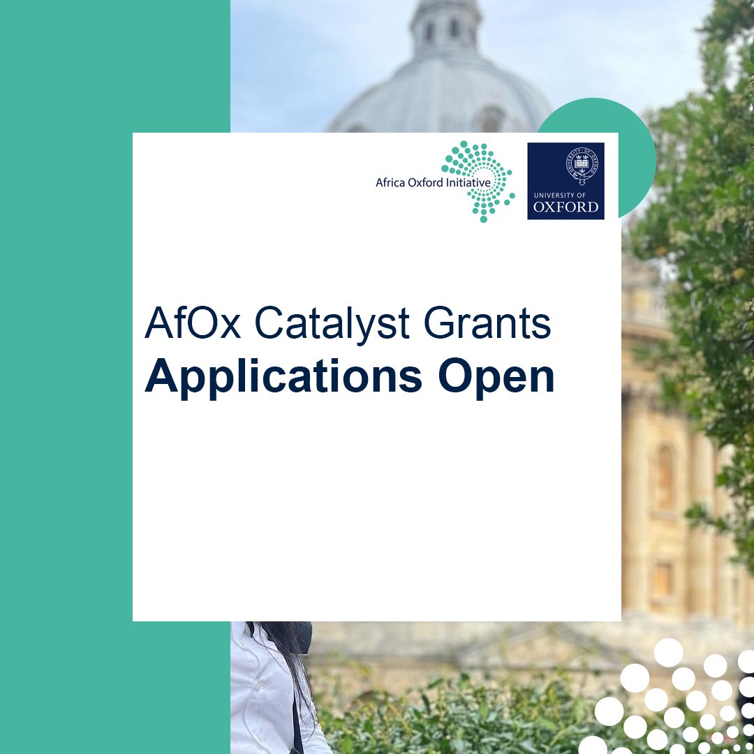 Africa_Oxford's tweet photo. AfOx Catalyst Grants Applications Open!

The grants support a variety of activities, including idea development, feasibility studies, workshops and conferences, and joint grant applications. 

Applicants may request up to £5,000 in funding.

More: https://t.co/8jWJ3h29dw https://t.co/0OD1hOIO1V
