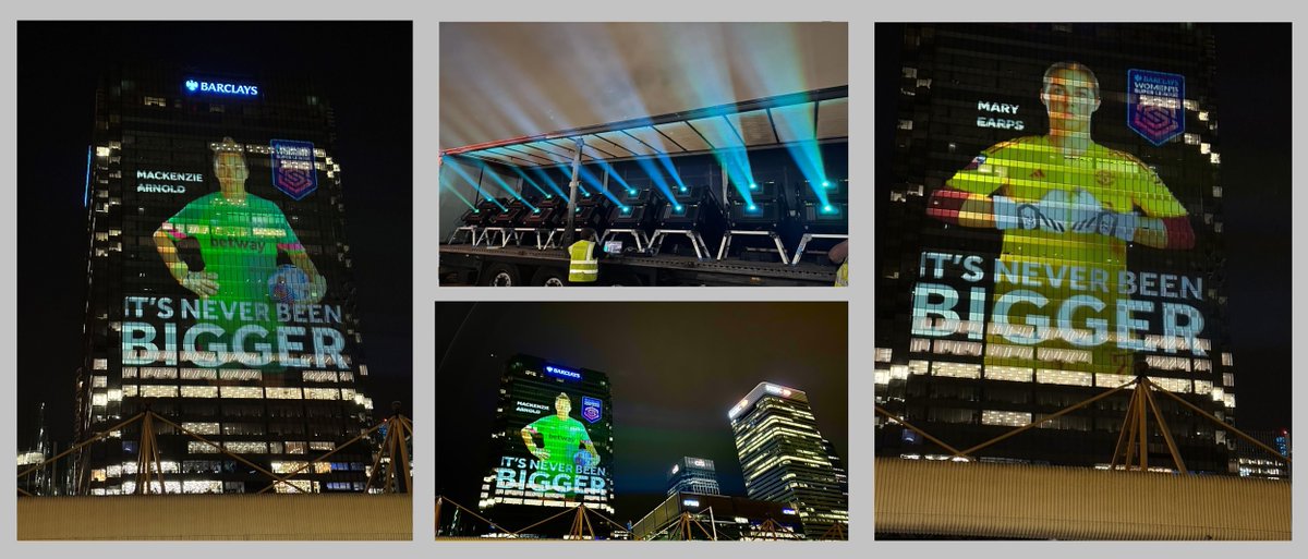 EMFLIVE's tweet photo. 16 x 31k projectors producing nearly 5000,000 Lumens for the start of the Barclays Women’s Super League, onto the headquarters of Barclays Bank at Canary Wharf.  Big thanks to Barclays and the brilliant crew for making this happen.
 #projectionmapping #BuildingProjection https://t.co/TA29aLvDU2