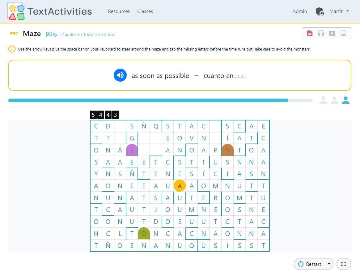 TextActivities's tweet photo. Maze is available in the Vocab / Matching activity menu. It is available in 3 modes (image shows L2audio+L1text>>L2text)
Students steer the ๐ก around the maze to spell out the L2 word or phrase, avoiding the ๐ค๐ง๐ฉ๐น, before the โณ runs out
Try this ๐ช๐ธ resource ๐๐๐
๐ https://t.co/o4LBqDSCre
#mfltwitterati #mflchat #langchat #textactivities #textivate