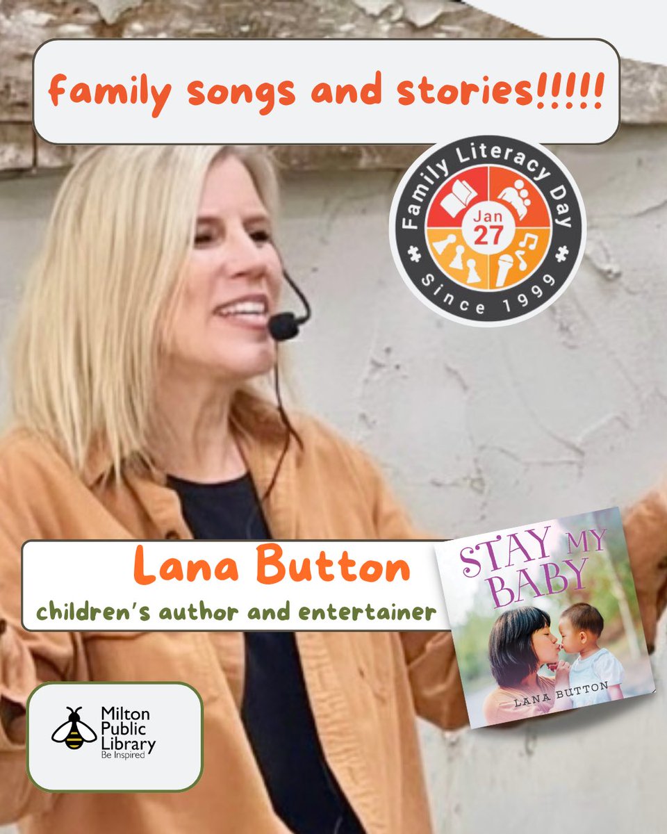 SAT, JAN 27! 
FAMILY LITERACY DAY!!!!
Join me at MILTON LIBRARY
🎶songs &amp; 📒stories, 
like my new STAY MY BABY (<a href="/orcabook/">Orca Book Publishers</a> )

10:15 am- Main Branch
1010 Main St, Milton, ON

11:15 am- Sherwood Branch
6355 Main St W, Milton, ON

Pls SHARE with families!

Thank you, <a href="/Milton_Library/">Milton Public Library</a>