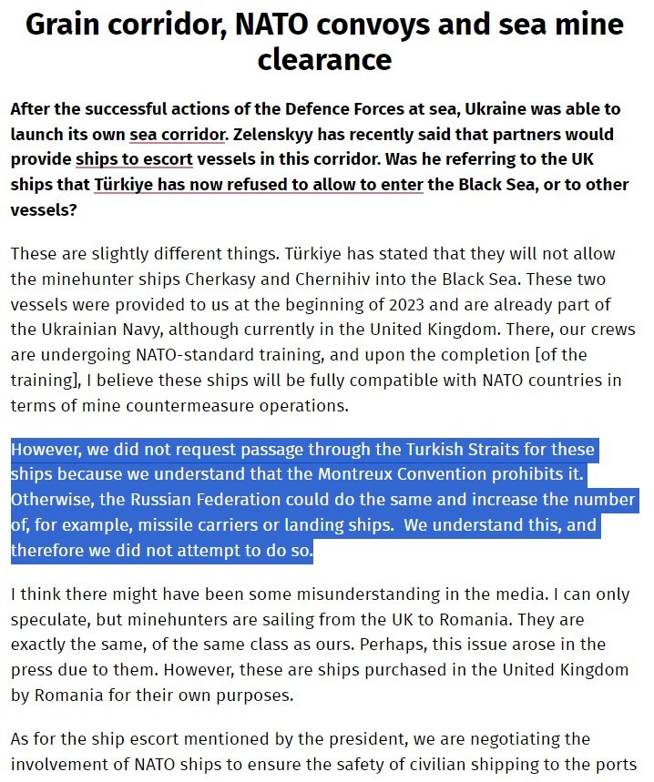 It's reassuring to see that the commander of the Ukrainian Naval Forces is well-versed in the Montreux Convention and its articles, surpassing the knowledge of some former NATO senior commanders. At least someone has their feet on the ground.