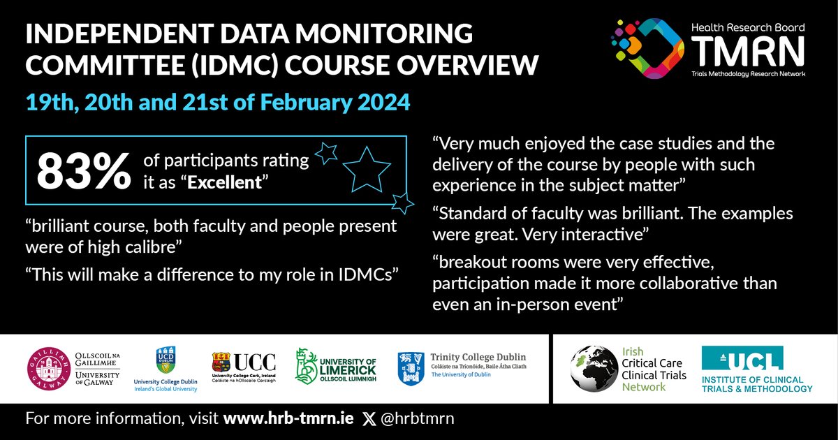 HRB-TMRN (@hrbtmrn) on Twitter photo 📚 #Training Alert 📚
#IndependentDataMonitoring Committee Course 2024
Hosting w/ <a href="/ICTM_UCL/">ICTM at UCL</a> <a href="/ICCCTN/">Irish Critical Care Clinical Trials Network</a>
Join a host of experienced trialists in this bespoke, live training (w/ asynchronous aspects)
Register: hrb-tmrn.ie/training-educa… 📚 #Training Alert 📚
#IndependentDataMonitoring Committee Course 2024
Hosting w/ <a href="/ICTM_UCL/">ICTM at UCL</a> <a href="/ICCCTN/">Irish Critical Care Clinical Trials Network</a>
Join a host of experienced trialists in this bespoke, live training (w/ asynchronous aspects)
Register: hrb-tmrn.ie/training-educa…