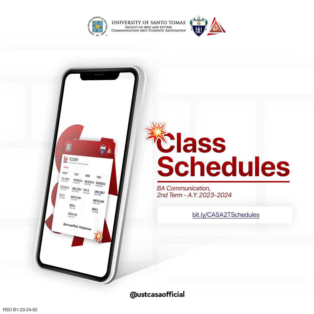 📢 | RE: BA COMMUNICATION - Class Schedules for 2nd Term - AY 2023-2024

Keep yourself reminded of your block’s respective class schedules for the Second Term of this academic year!

Access your block’s schedules here: bit.ly/CASA2TSchedules

#MalaCASAn

RSO B1-23-24-50