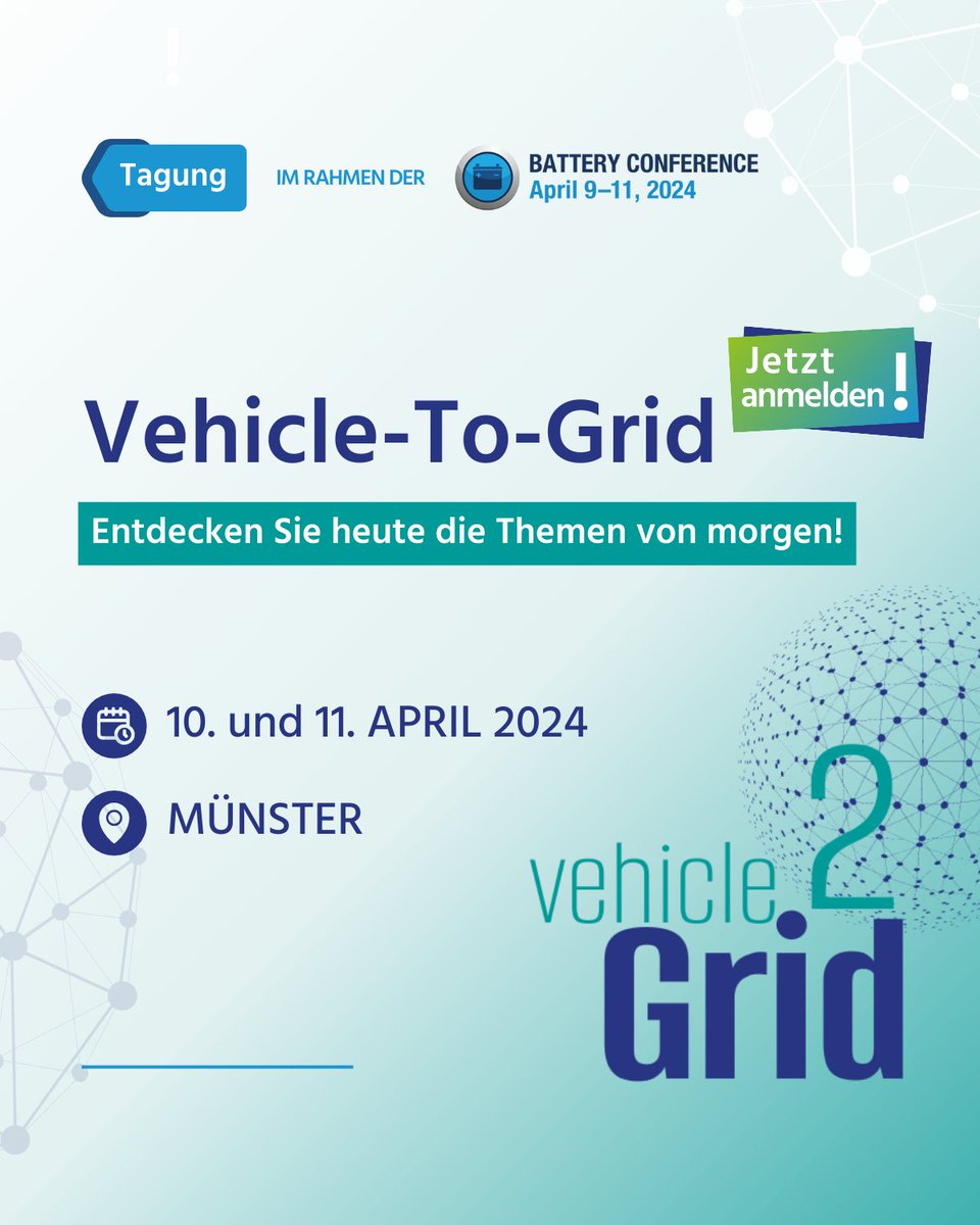 HausDerTechnik's tweet image. #Elektromobilität wird an Bedeutung gewinnen! Die Tagung #Vehicle2Grid findet am 10. und 11. April 2024 statt. Die Tagung und die begleitende Fachausstellung sind Teil der #Batterietagung. 🔋

➡️ hdt.de/vehicle-to-gri…

#VehicleToGrid #V2G #ElectricVehicle #ElectricMobility