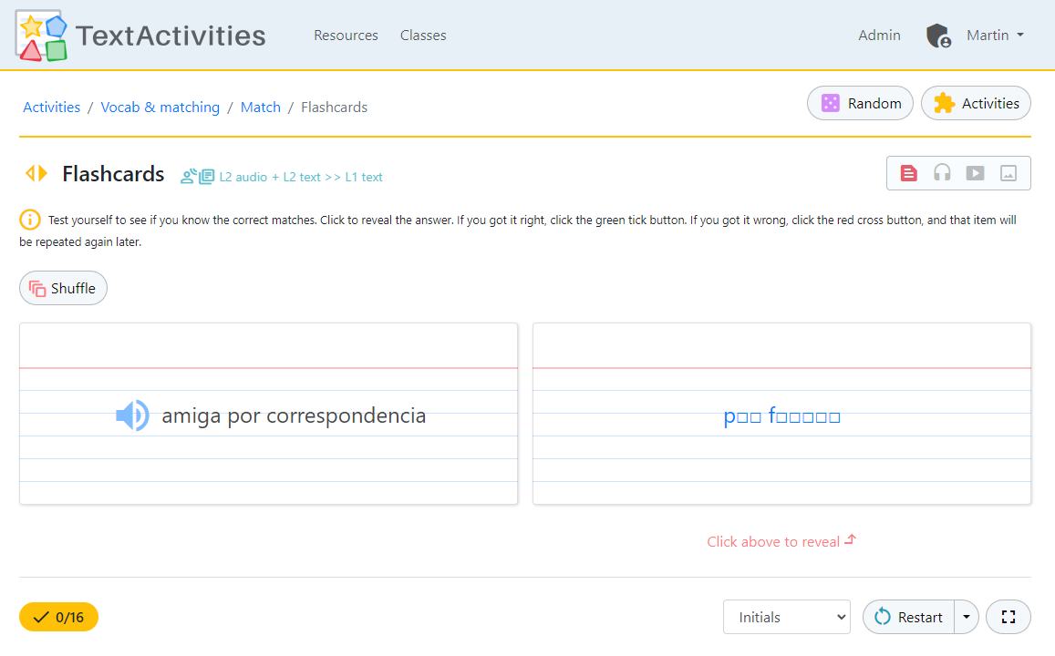 TextActivities's tweet photo. Flashcards is available in 6 different modes and with various clue options

(Image shows L2audio+L2text>>L1text, with initials as the clue)

Try this 🇪🇸 resource 👇👇👇
🌎 https://t.co/o4LBqDSCre

#mfltwitterati #mflchat #langchat #textactivities #textivate