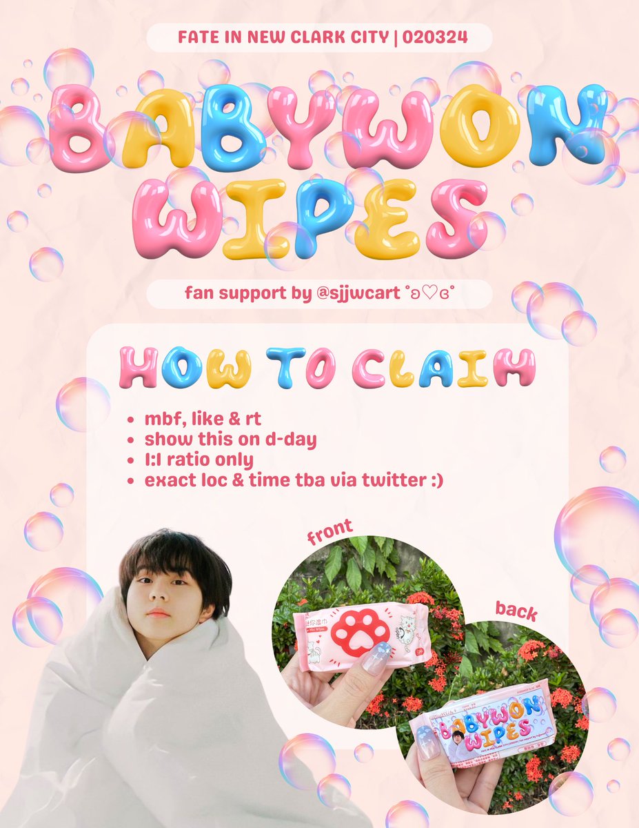 sjjwcart's tweet photo. 🫧 BABYWON WIPES 🫧 
— fan support for #JUNGWON by @sjjwcart 

𓂋 mbf, like &amp; rt this twt 
𓂋 1:1 ratio (limited qty)
𓂋 dm for trades/donations 
𓂋 exact loc tba 

see you there! 🩷 #FATE_IN_NEWCLARKCITY https://t.co/ljeoJej19u