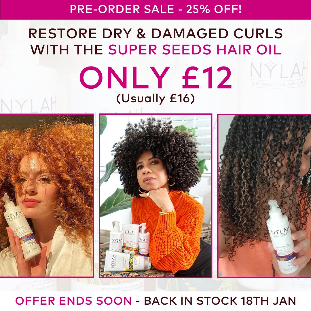 THIS IS YOUR FINAL CHANCE ⏰ Get our famous Super Seed Hair Oil now at a special price of just £12! ⭐️ That's 25% OFF! ⭐️ Offer ends this weekend - Back in stock Jan 22nd. nylahsnaturals.com/products/super…