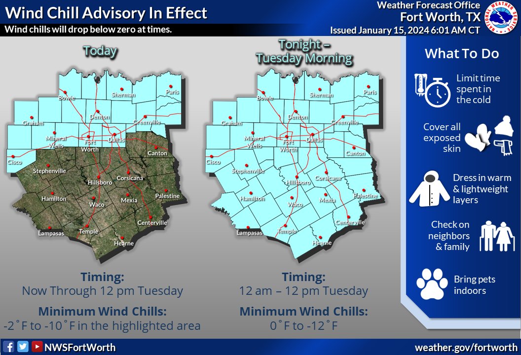 NWSFortWorth's tweet photo. Dangerous wind chills are expected and will fall below zero at times this morning and Tuesday morning, with actual temperatures falling into the single digits for some areas. Limit any time spent outdoors, and cover all exposed skin if you have to get out. #txwx #dfwwx #ctxwx https://t.co/I4Rxaw3nW9