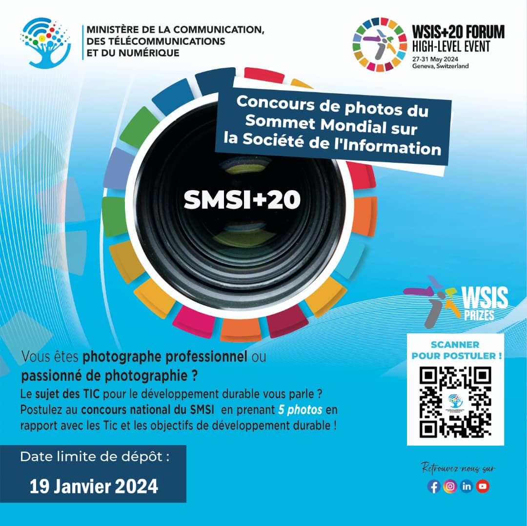 🔵 Prolongation des concours nationaux SMSI+20|
Encore une semaine pour participer jusqu'au 19 janvier 2024, à l'appel à projet ou au concours photos du  Sommet Mondial sur la Société de l'Information #SMSI.
🤳Pour Postuler, scannez les QR!
#NumériquePourTous
#ODD
#WSIS20