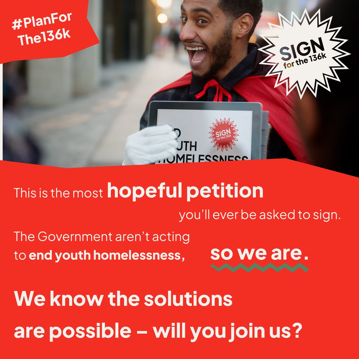 136,000 young people faced homelessness last year.

This is unacceptable.

We've teamed up with 120 organisations to call on the government to make a #PlanForThe136k and solve this crisis.

Join us & sign our petition today: bit.ly/petition136k

#SignForThe136k