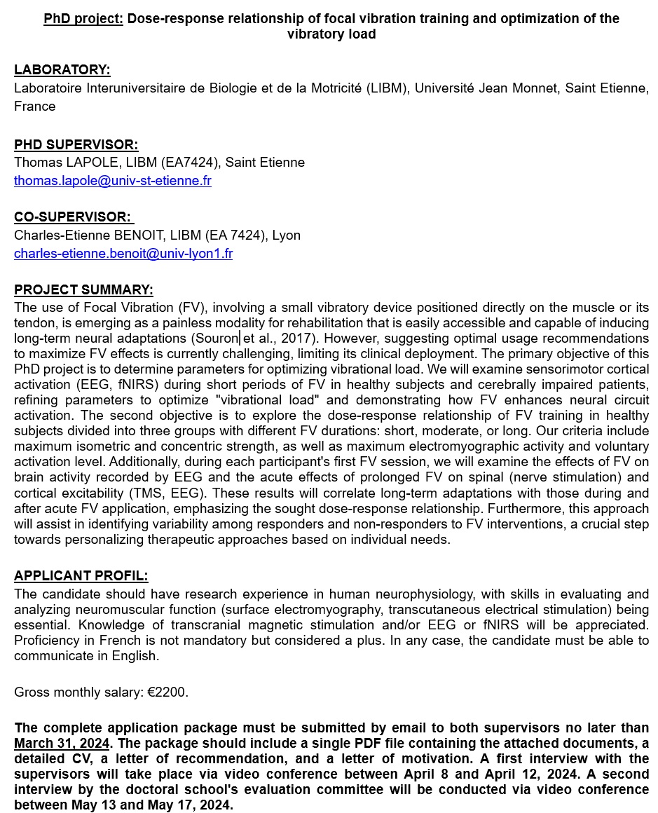 🚨Funded PhD: Dose-response relationship of focal vibration training and optimization of the vibratory load @LIBM_lab @Univ_St_Etienne Second round of applications for excellent candidates 🧑‍🎓👨‍🎓👩‍🎓 Please contact for any information All details 👇👀